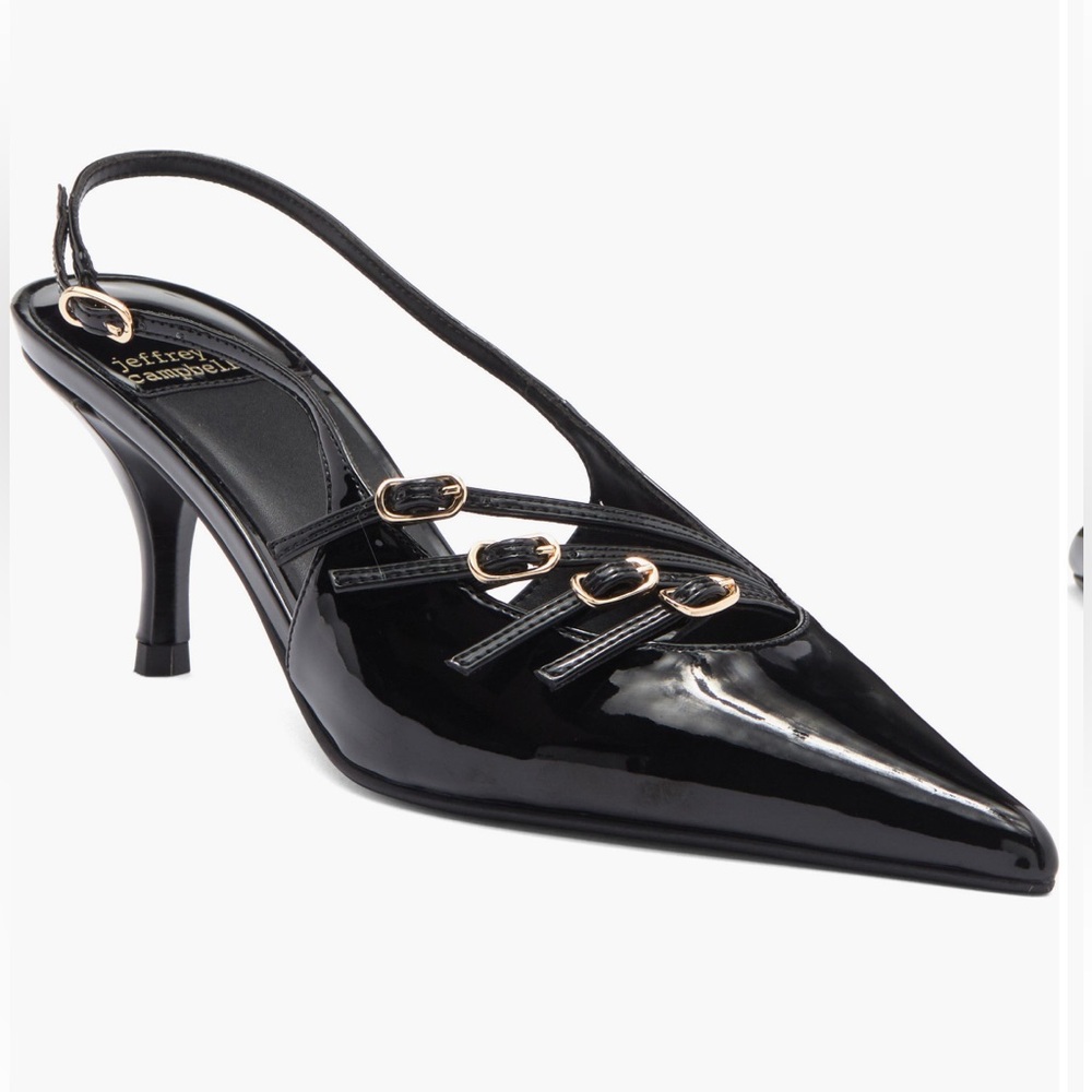 Brand New Jeffrey Campbell Flirtz Slingback heel. Black Patent